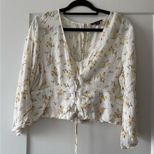 American Eagle Outfitters White Floral Lace-Up V-Neck Blouse